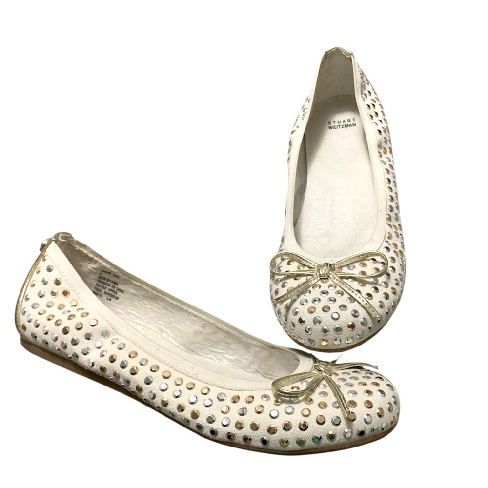 Stuart Weitzman White and Gold Studded Ballet Flats